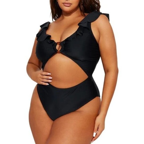 Pretty Little Thing Other - Pretty Little Thing Womens Black Frill Edge Ring Detail Cutout Swimsuit Size 22